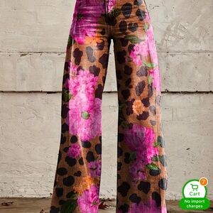 Vibrant Floral and Leopard Wide-Leg Pants